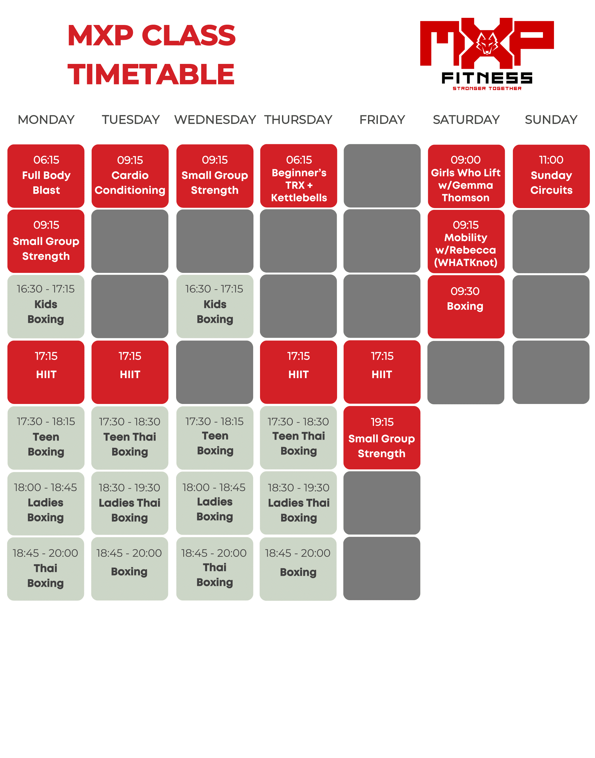 MXP Fitness Class Timetable